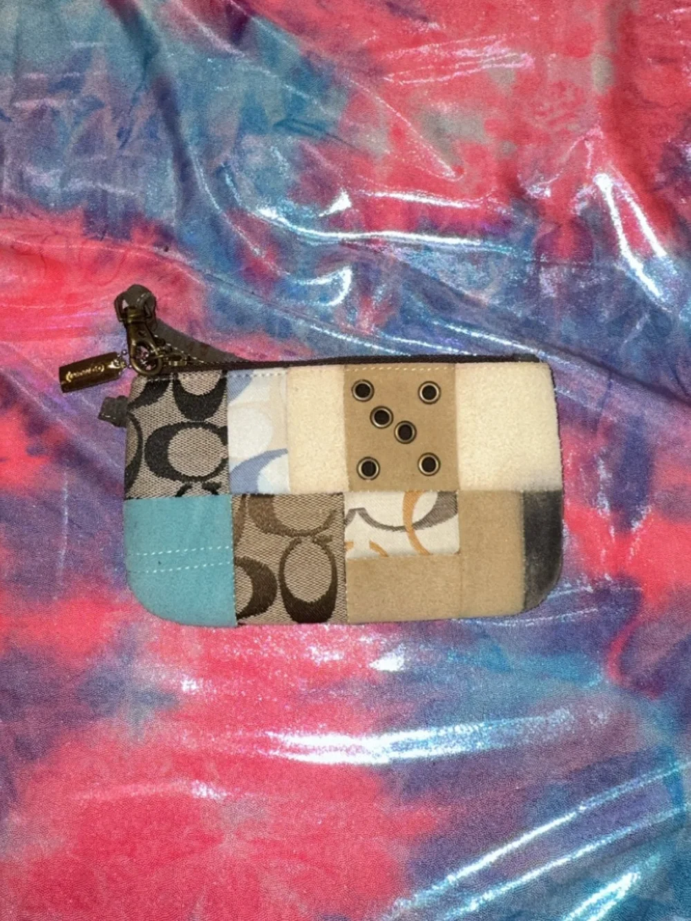 Coach Patchwork Small Wristlet Coin Pouch in Beige, Tan, Blue
